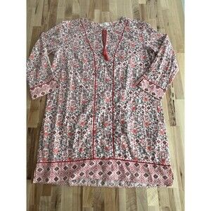 Marabelle 3/4 Sleeve Floral Tunic Mini Dress 100% Cotton Orange Red Boho S